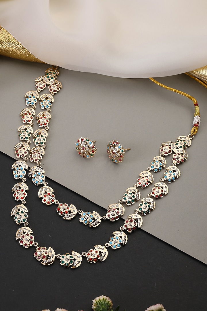 Gold Finish Multi-Colored Jadau Stone Layered Necklace Set by Swabhimann Jewellery at Pernia's Pop Up Shop