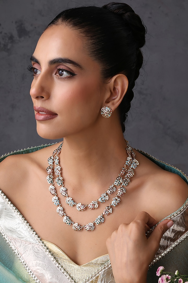 Gold Finish Multi-Colored Jadau Stone Layered Necklace Set by Swabhimann Jewellery at Pernia's Pop Up Shop