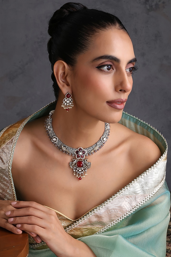 Gold Finish Kundan Polki & Ruby Handcrafted Necklace Set by Swabhimann Jewellery at Pernia's Pop Up Shop