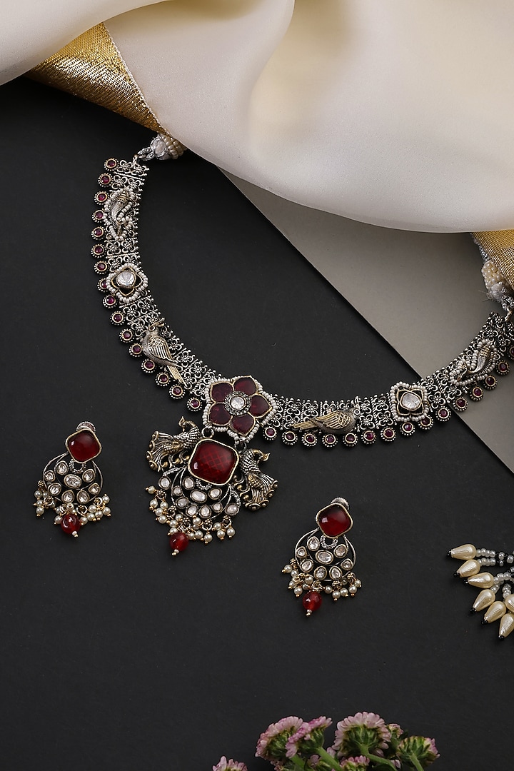 Gold Finish Kundan Polki & Ruby Handcrafted Necklace Set by Swabhimann Jewellery at Pernia's Pop Up Shop