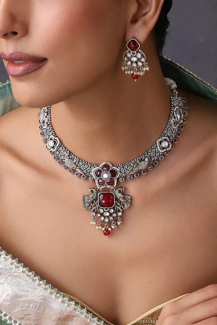 Gold Finish Kundan Polki & Ruby Handcrafted Necklace Set by Swabhimann Jewellery at Pernia's Pop Up Shop