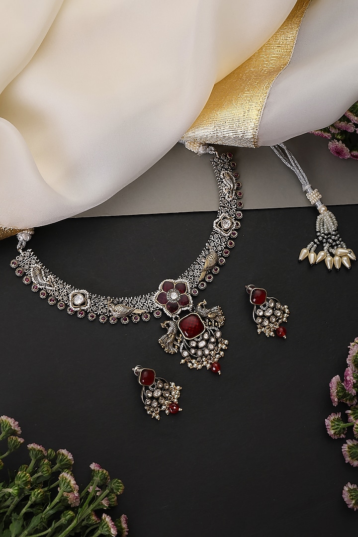 Gold Finish Kundan Polki & Ruby Handcrafted Necklace Set by Swabhimann Jewellery at Pernia's Pop Up Shop
