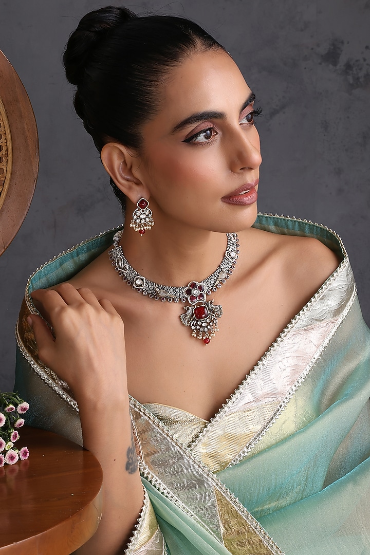 Gold Finish Kundan Polki & Ruby Handcrafted Necklace Set by Swabhimann Jewellery at Pernia's Pop Up Shop