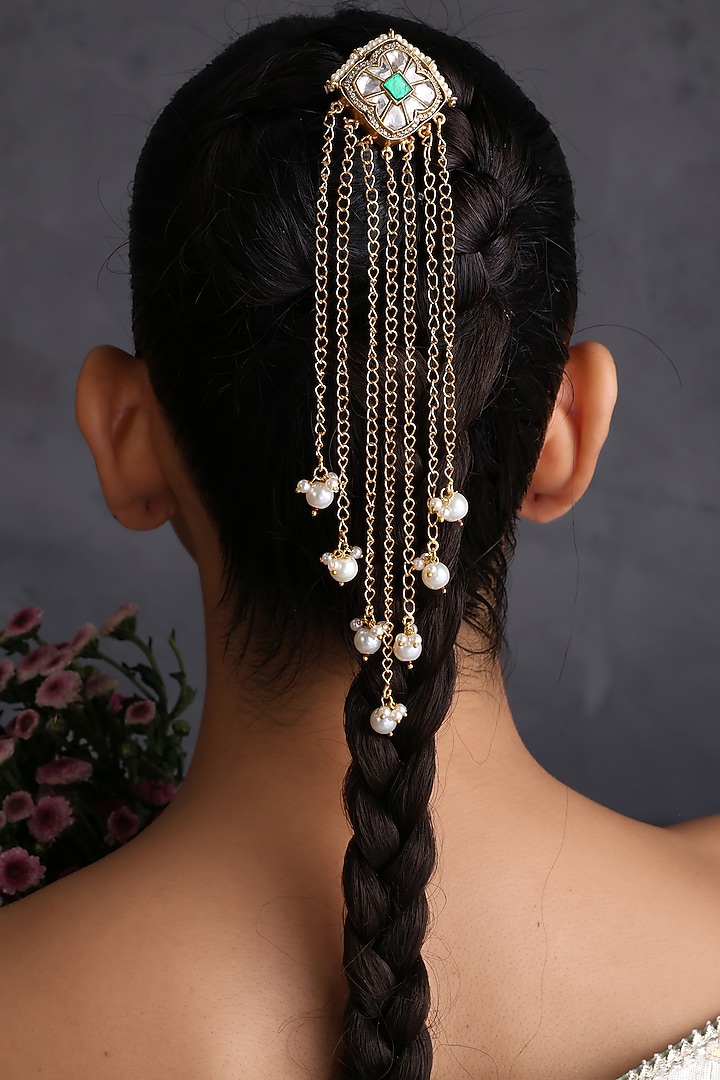 Gold Finish Green Kundan Polki Braid Pin by Swabhimann Jewellery at Pernia's Pop Up Shop