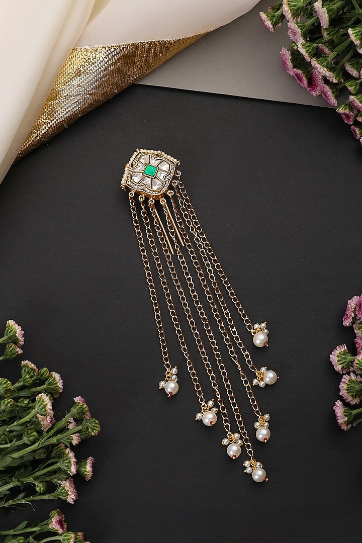 Gold Finish Green Kundan Polki Braid Pin by Swabhimann Jewellery at Pernia's Pop Up Shop