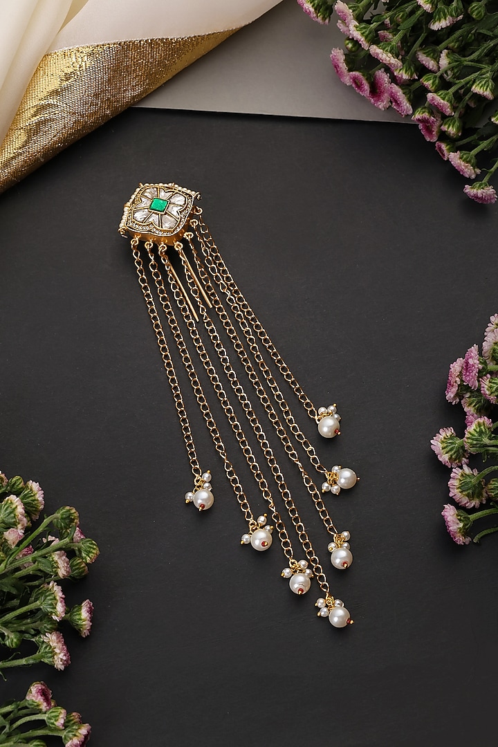 Gold Finish Green Kundan Polki Braid Pin by Swabhimann Jewellery at Pernia's Pop Up Shop