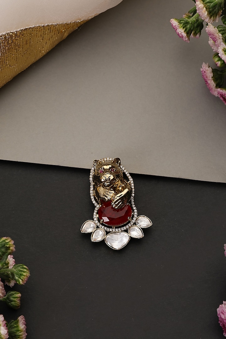Gold Finish Kundan Polki & Ruby Stone Handcrafted Brooch by Swabhimann Jewellery at Pernia's Pop Up Shop