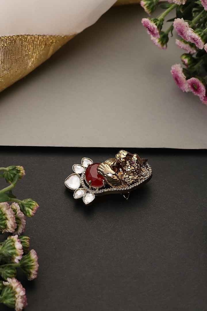 Gold Finish Kundan Polki & Ruby Stone Handcrafted Brooch by Swabhimann Jewellery at Pernia's Pop Up Shop
