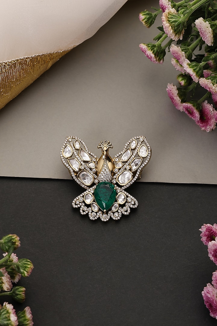Gold Finish Kundan Polki & Emerald Stone Handcrafted Brooch by Swabhimann Jewellery at Pernia's Pop Up Shop