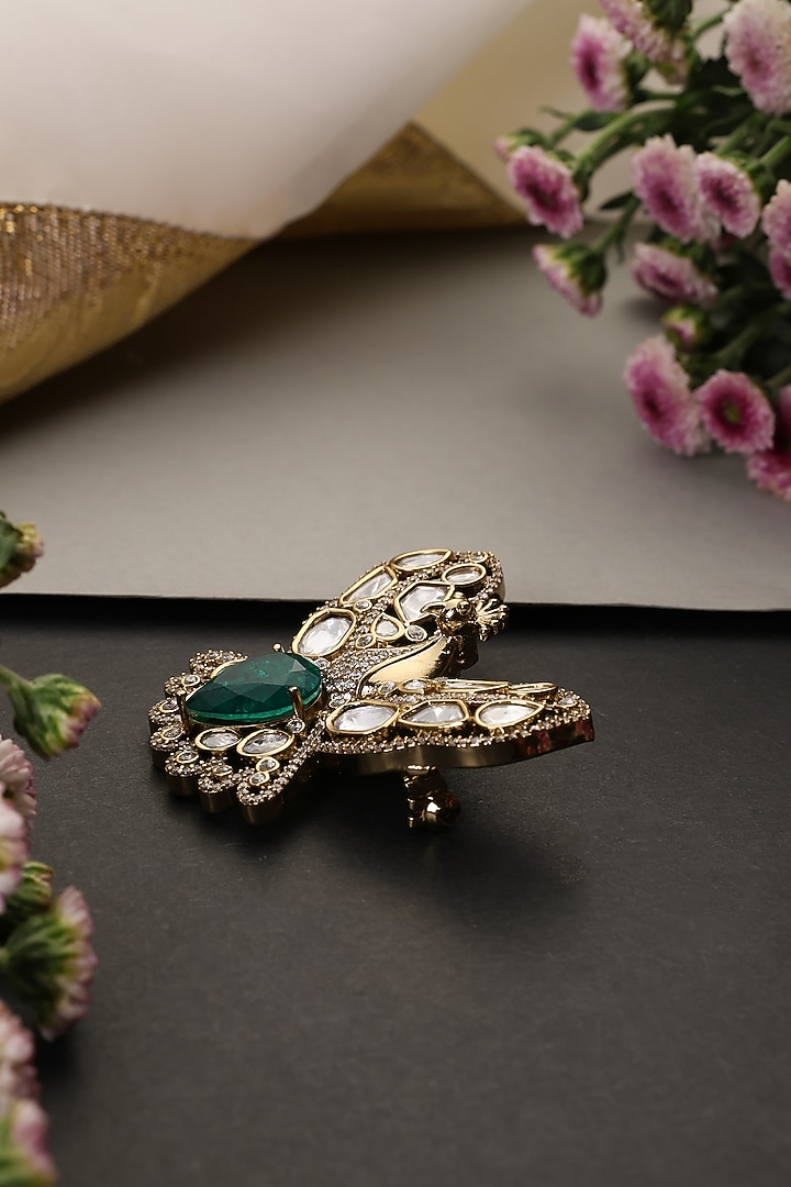 Gold Finish Kundan Polki & Emerald Stone Handcrafted Brooch by Swabhimann Jewellery at Pernia's Pop Up Shop