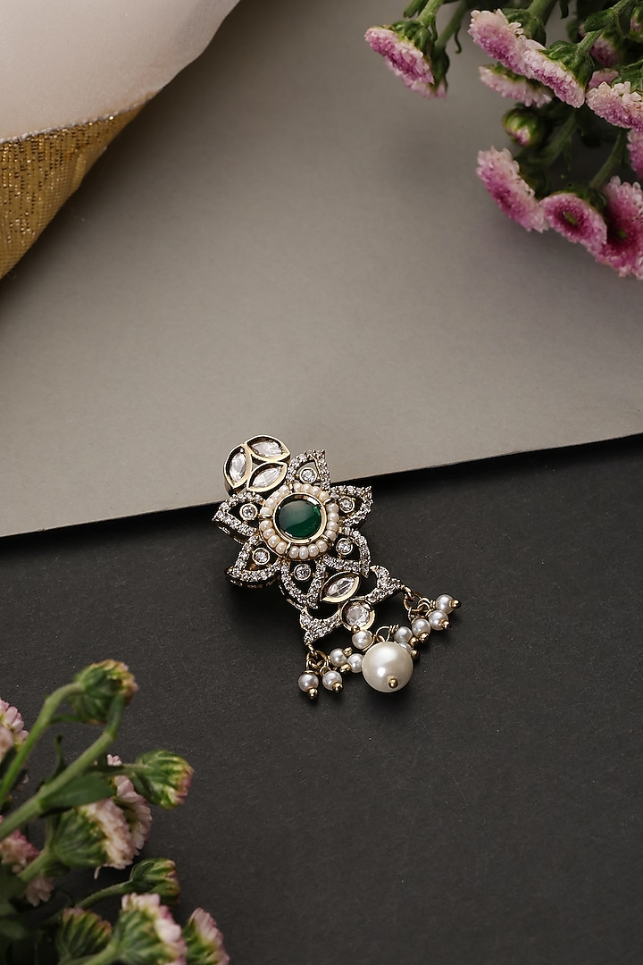 Gold Finish Kundan Polki & Emerald Stone Handcrafted Brooch by Swabhimann Jewellery at Pernia's Pop Up Shop