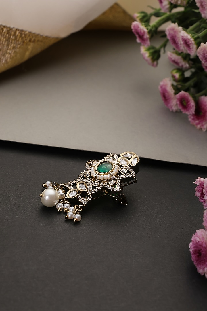 Gold Finish Kundan Polki & Emerald Stone Handcrafted Brooch by Swabhimann Jewellery at Pernia's Pop Up Shop