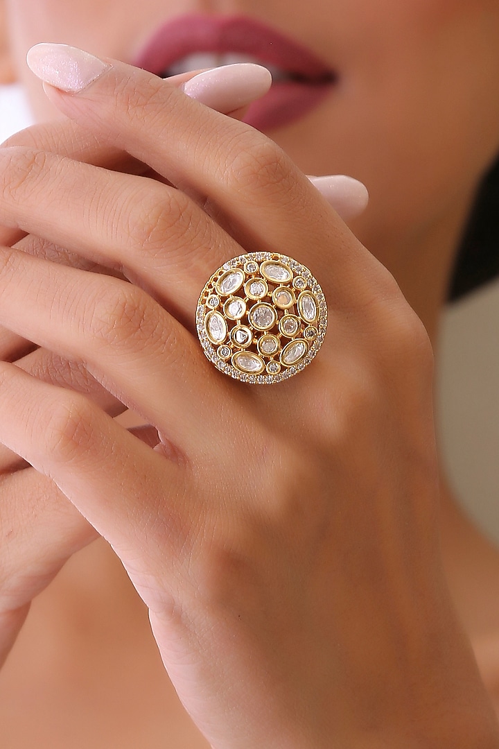 Gold Finish Kundan Polki Handcrafted Ring by Swabhimann Jewellery at Pernia's Pop Up Shop