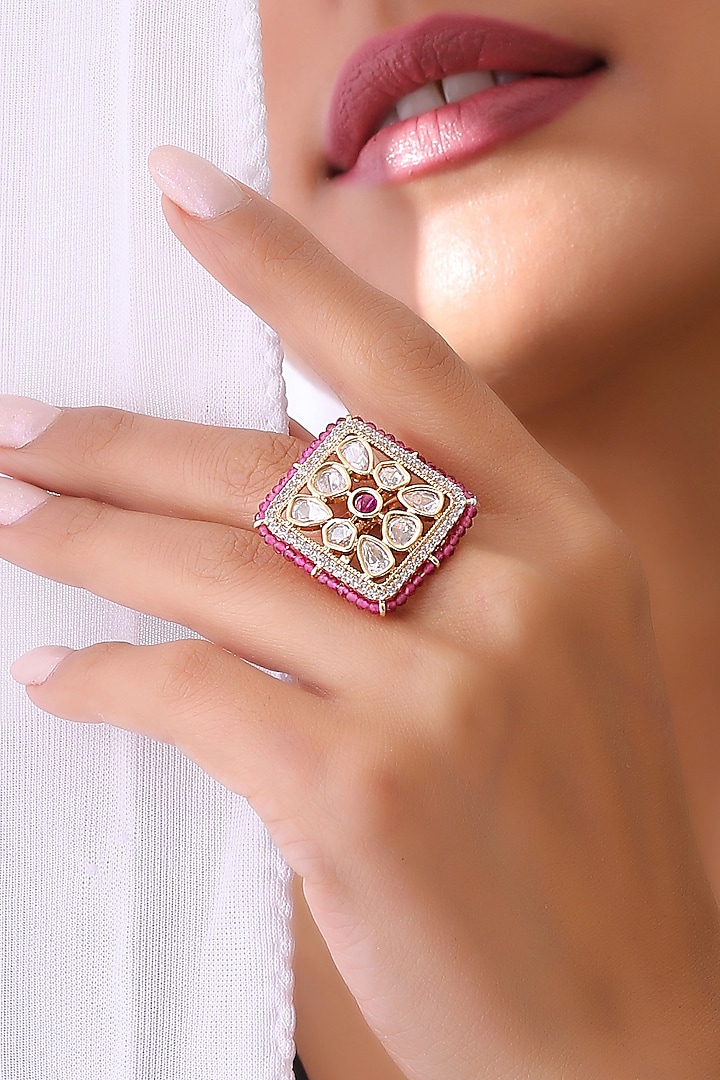 Gold Finish Handcrafted Ring With Kundan Polki by Swabhimann Jewellery at Pernia's Pop Up Shop