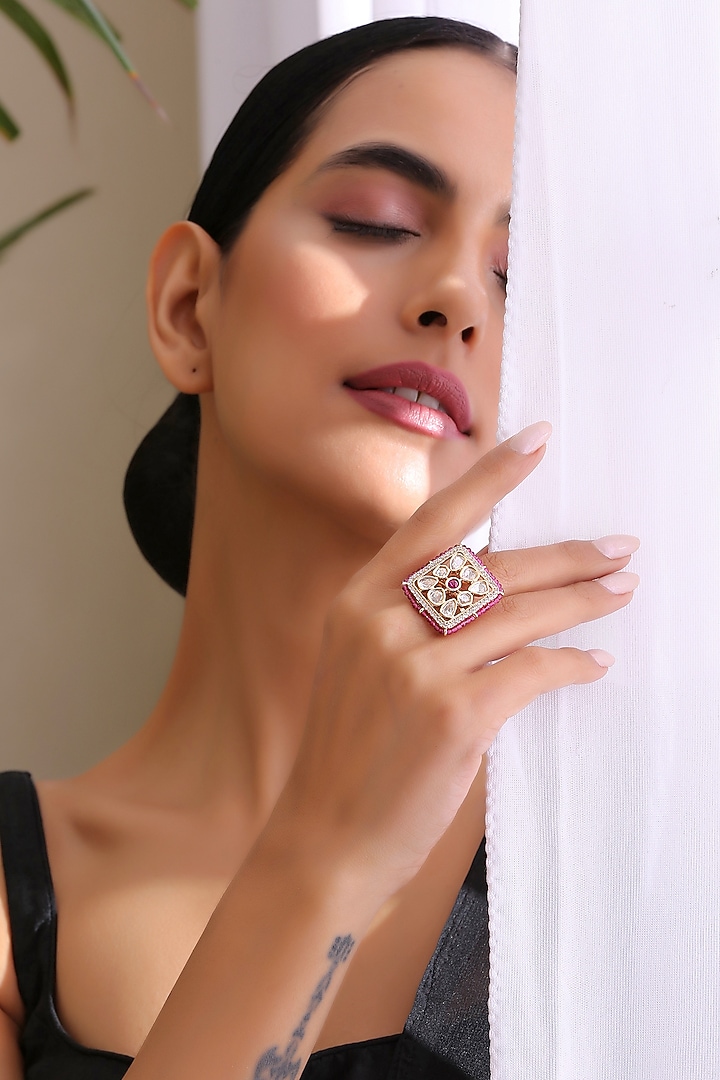 Gold Finish Handcrafted Ring With Kundan Polki by Swabhimann Jewellery at Pernia's Pop Up Shop
