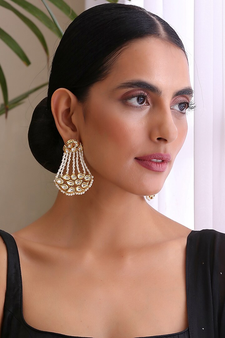 Gold Finish Kundan Polki Dangler Earrings by Swabhimann Jewellery at Pernia's Pop Up Shop