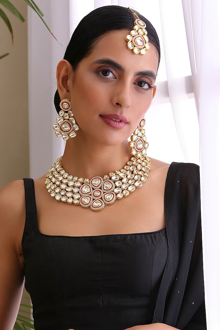 Gold Finish Kundan Polki Choker Necklace Set by Swabhimann Jewellery at Pernia's Pop Up Shop