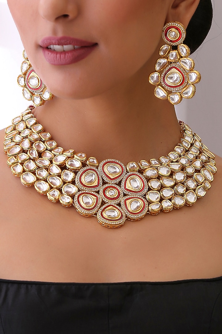 Gold Finish Kundan Polki Choker Necklace Set by Swabhimann Jewellery at Pernia's Pop Up Shop