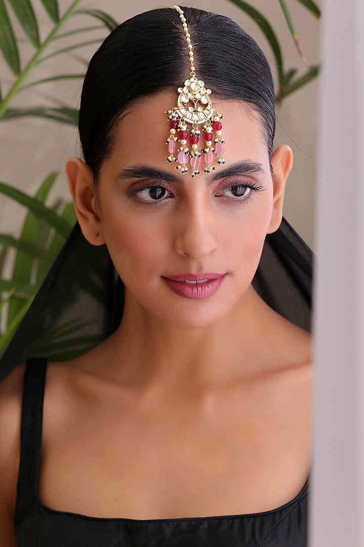 Gold Finish Kundan Polkis & Pearl Maangtikka by Swabhimann Jewellery at Pernia's Pop Up Shop