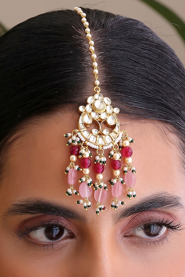 Gold Finish Kundan Polkis & Pearl Maangtikka by Swabhimann Jewellery at Pernia's Pop Up Shop