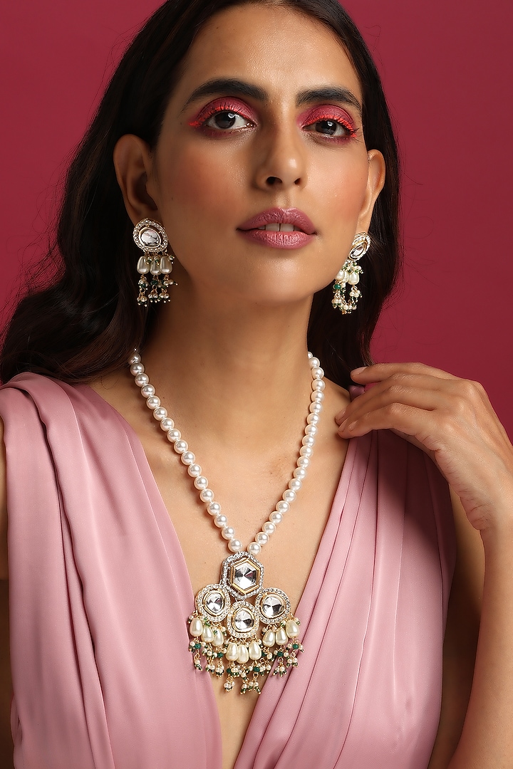 Gold Finish Kundan Polki & Pearl Necklace Set by Swabhimann Jewellery at Pernia's Pop Up Shop
