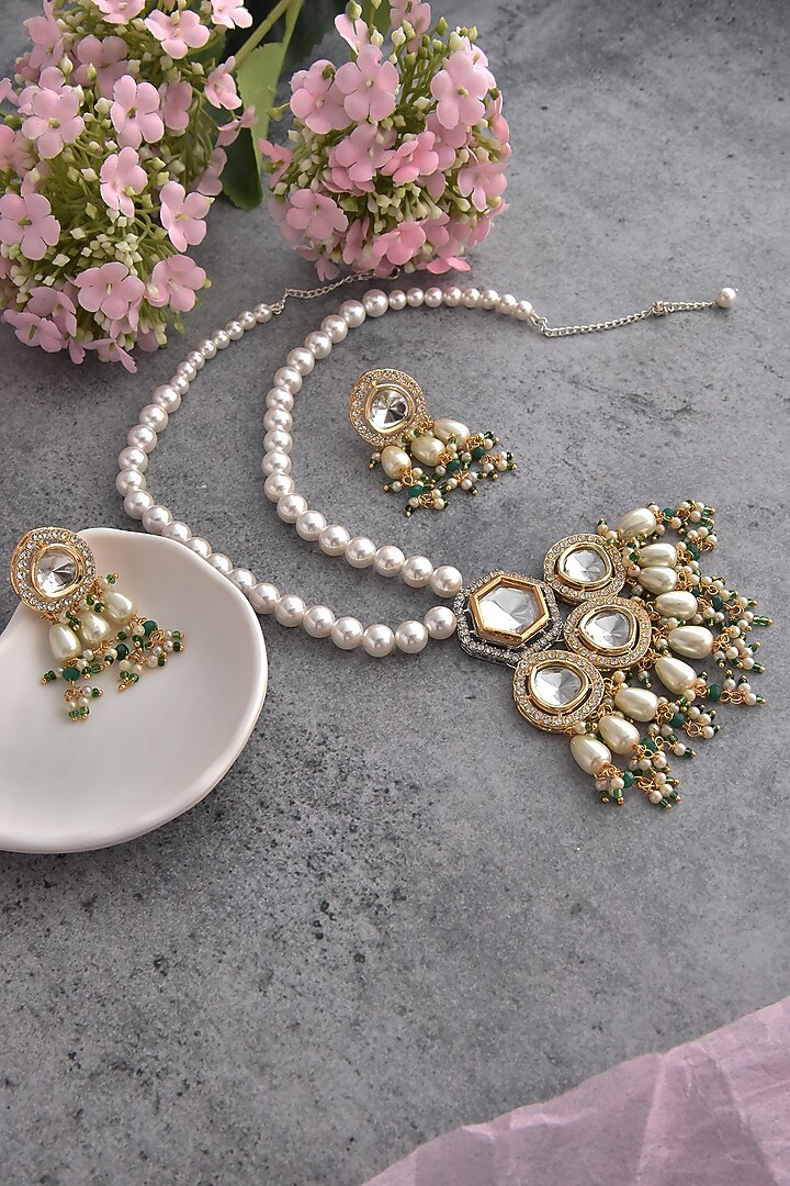 Gold Finish Kundan Polki & Pearl Necklace Set by Swabhimann Jewellery at Pernia's Pop Up Shop
