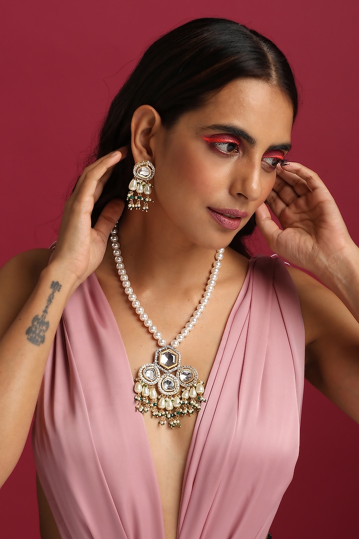 Gold Finish Kundan Polki & Pearl Necklace Set by Swabhimann Jewellery at Pernia's Pop Up Shop