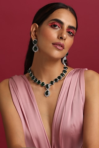 White Finish Synthetic Emerald Stone & Zircon Necklace Set by Swabhimann Jewellery