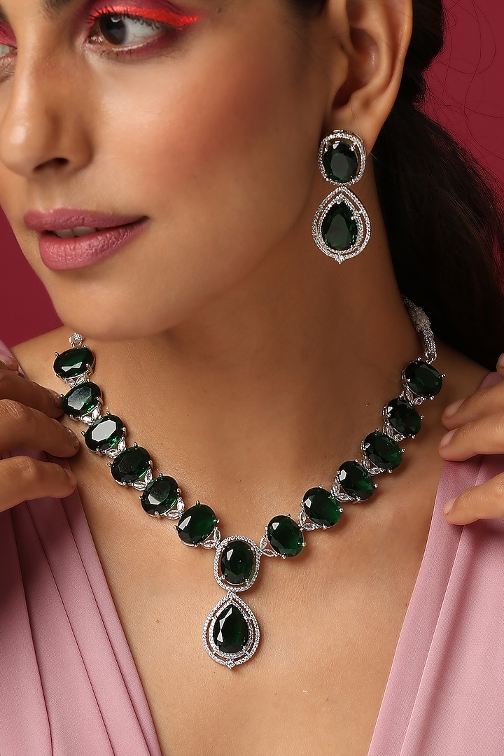 White Finish Synthetic Emerald Stone & Zircon Necklace Set by Swabhimann Jewellery at Pernia's Pop Up Shop