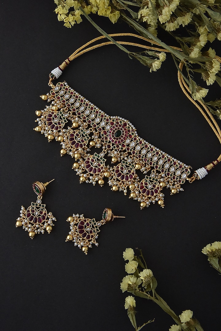Gold Finish Kundan Polki & Jadau Choker Necklace Set In Sterling Silver by Swabhimann Jewellery at Pernia's Pop Up Shop
