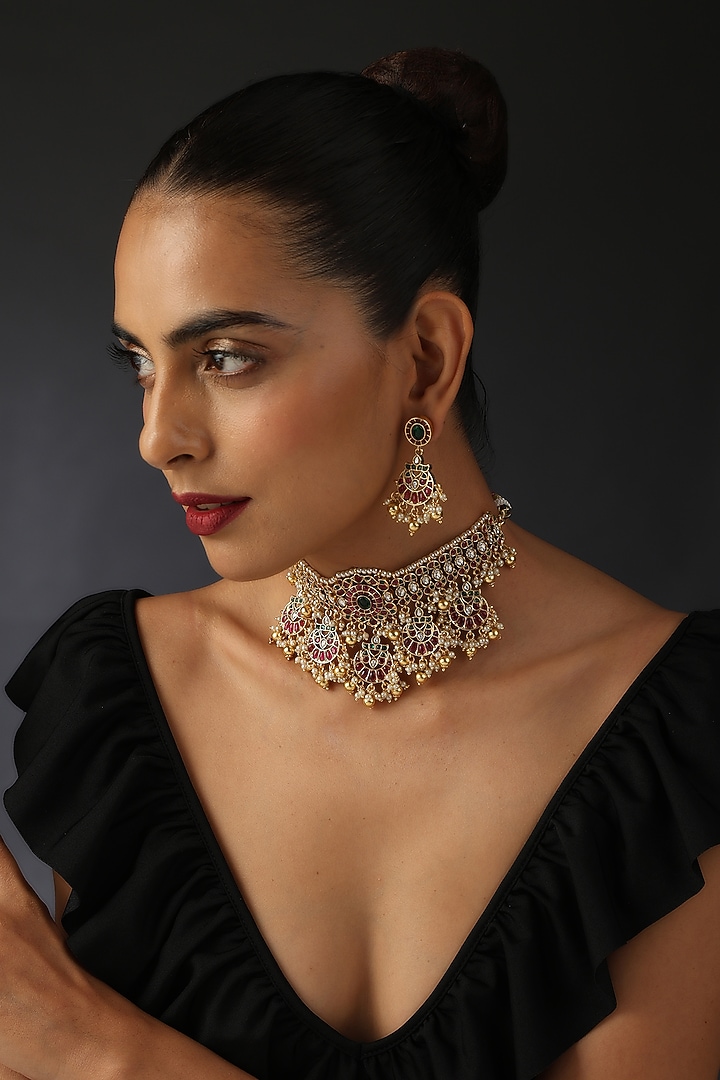 Gold Finish Kundan Polki & Jadau Choker Necklace Set In Sterling Silver by Swabhimann Jewellery at Pernia's Pop Up Shop