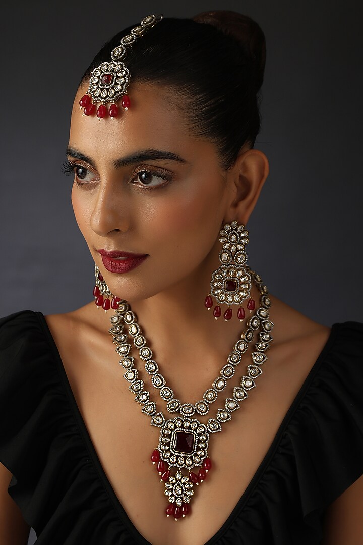 Black Rhodium Finish Red Kundan Polki Necklace Set by Swabhimann Jewellery at Pernia's Pop Up Shop