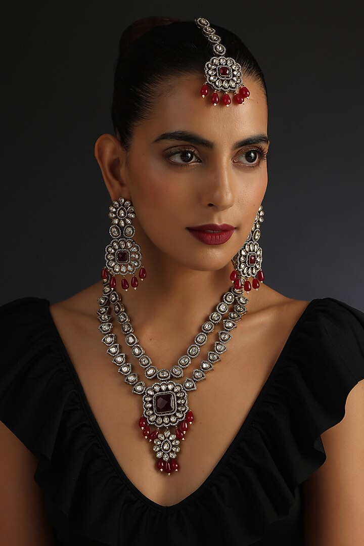 Black Rhodium Finish Red Kundan Polki Necklace Set by Swabhimann Jewellery at Pernia's Pop Up Shop