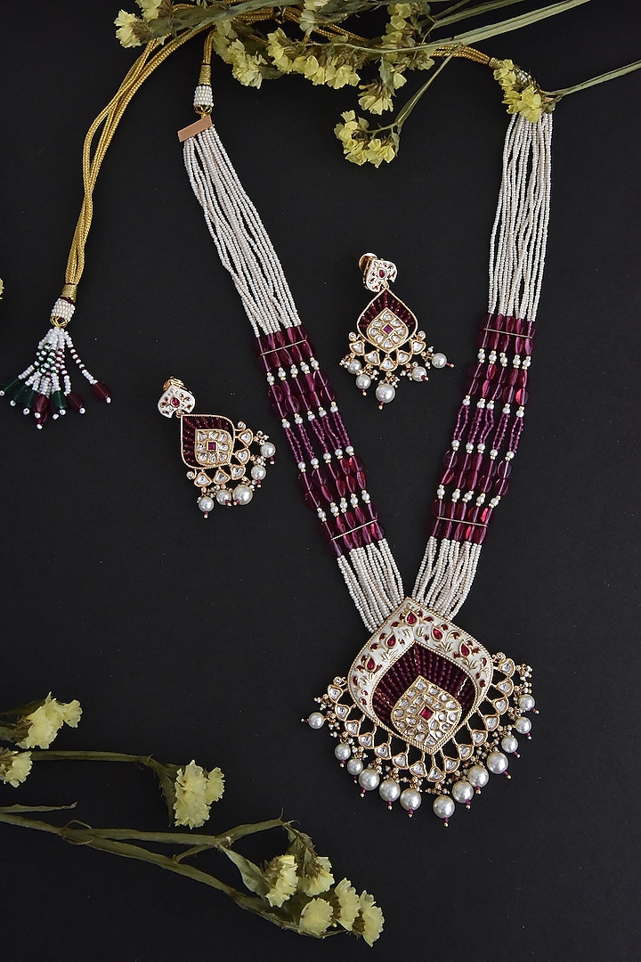 Two-Tone Finish Red Kundan Polki Long Necklace Set In Sterling Silver by Swabhimann Jewellery at Pernia's Pop Up Shop