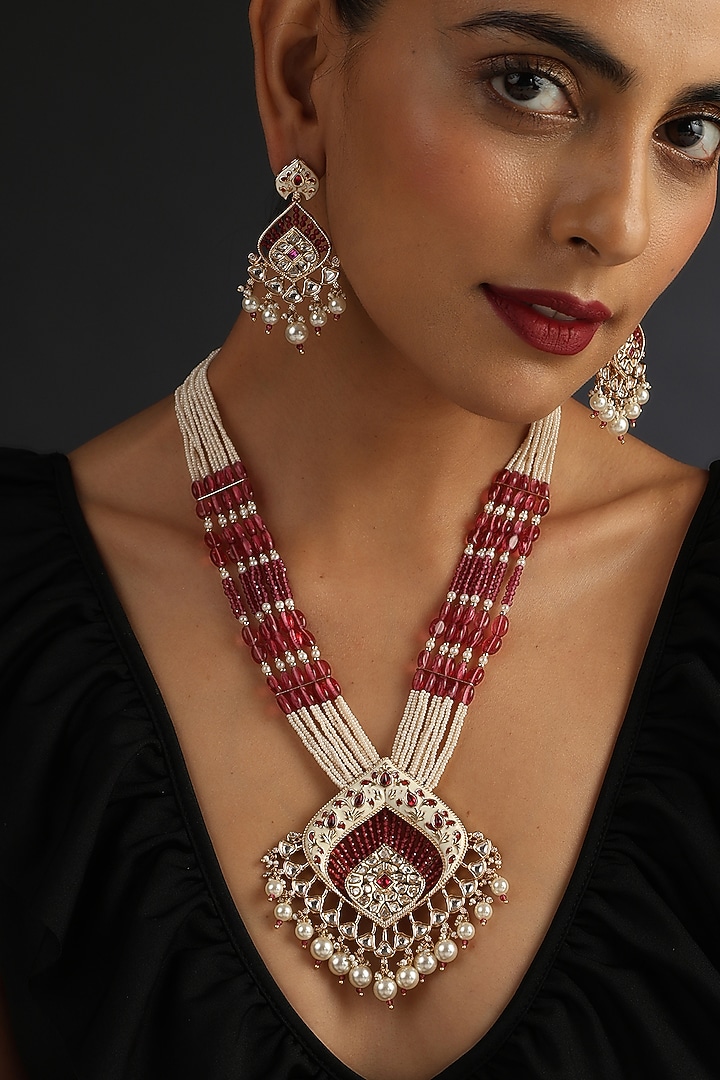 Two-Tone Finish Red Kundan Polki Long Necklace Set In Sterling Silver by Swabhimann Jewellery at Pernia's Pop Up Shop