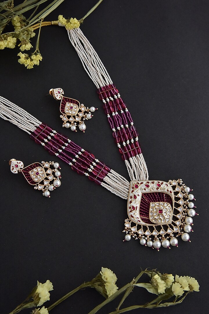 Two-Tone Finish Red Kundan Polki Long Necklace Set In Sterling Silver by Swabhimann Jewellery at Pernia's Pop Up Shop