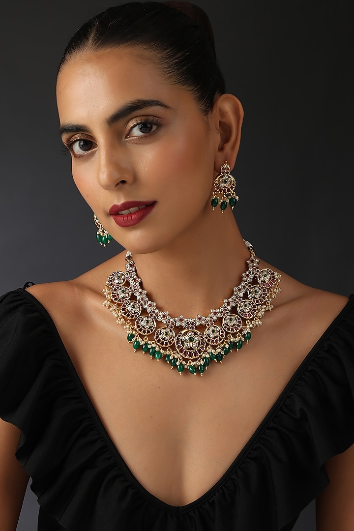 Gold Finish Kundan Polki & Jadau Necklace Set In Sterling Silver by Swabhimann Jewellery at Pernia's Pop Up Shop