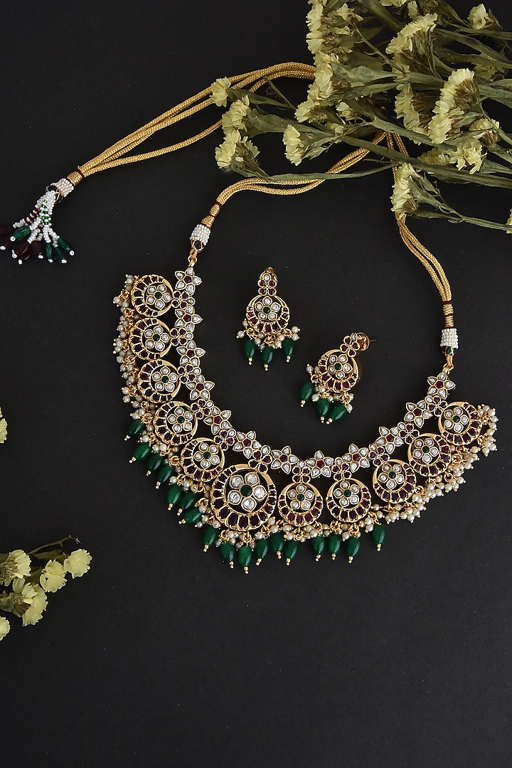 Gold Finish Kundan Polki & Jadau Necklace Set In Sterling Silver by Swabhimann Jewellery at Pernia's Pop Up Shop