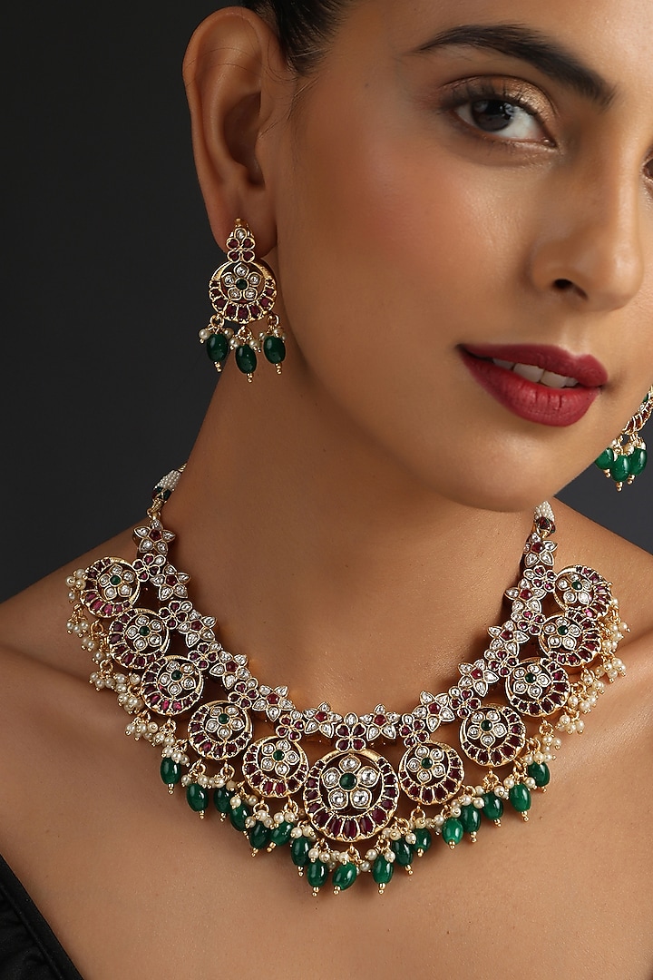 Gold Finish Kundan Polki & Jadau Necklace Set In Sterling Silver by Swabhimann Jewellery at Pernia's Pop Up Shop