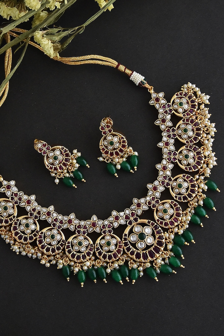 Gold Finish Kundan Polki & Jadau Necklace Set In Sterling Silver by Swabhimann Jewellery at Pernia's Pop Up Shop