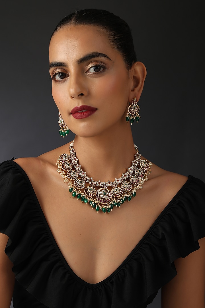 Gold Finish Kundan Polki & Jadau Necklace Set In Sterling Silver by Swabhimann Jewellery at Pernia's Pop Up Shop