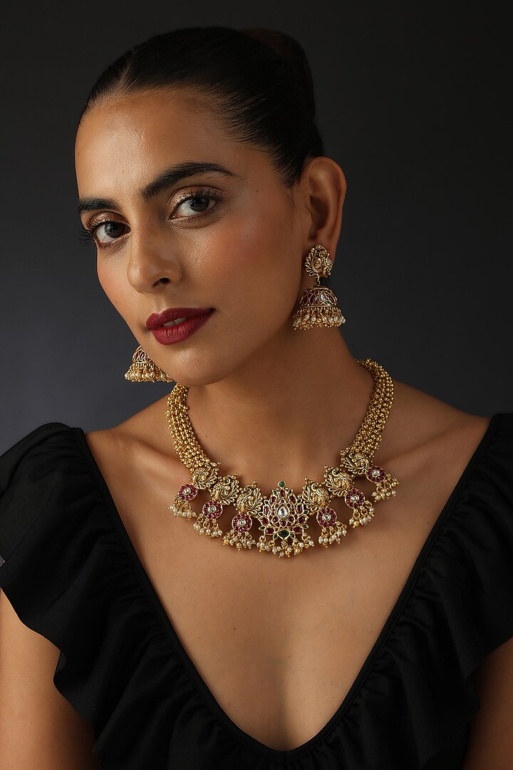 Gold Finish Kundan Polki & Jadau Necklace Set In Sterling Silver by Swabhimann Jewellery at Pernia's Pop Up Shop