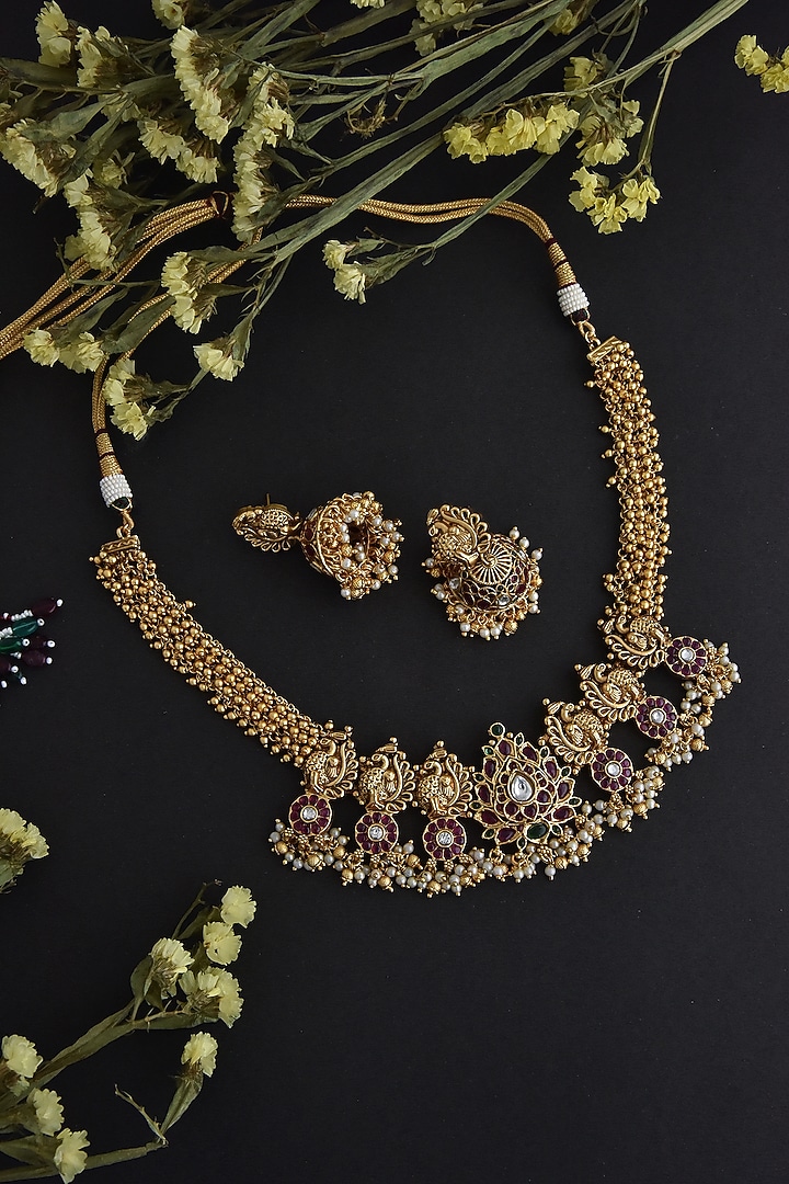 Gold Finish Kundan Polki & Jadau Necklace Set In Sterling Silver by Swabhimann Jewellery at Pernia's Pop Up Shop