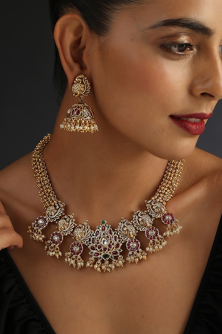 Gold Finish Kundan Polki & Jadau Necklace Set In Sterling Silver by Swabhimann Jewellery at Pernia's Pop Up Shop