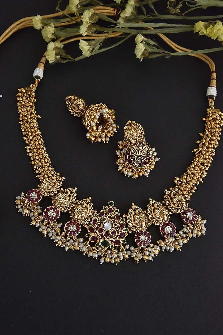 Gold Finish Kundan Polki & Jadau Necklace Set In Sterling Silver by Swabhimann Jewellery at Pernia's Pop Up Shop