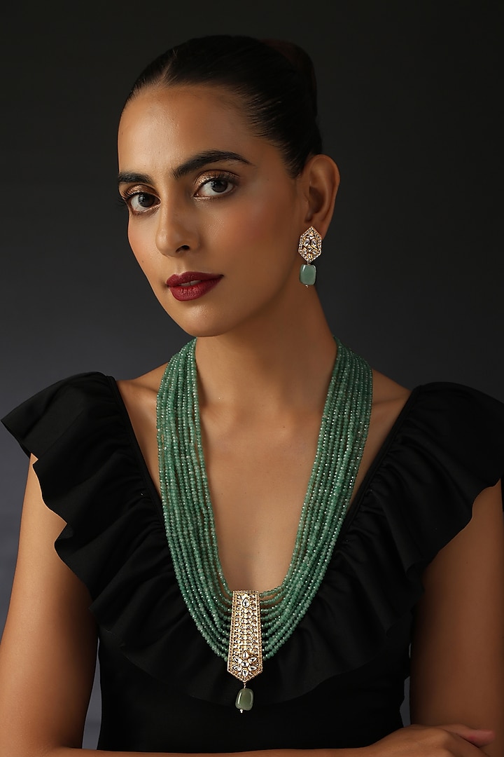 Gold Finish Green Kundan Polki Layered Necklace Set In Sterling Silver by Swabhimann Jewellery at Pernia's Pop Up Shop