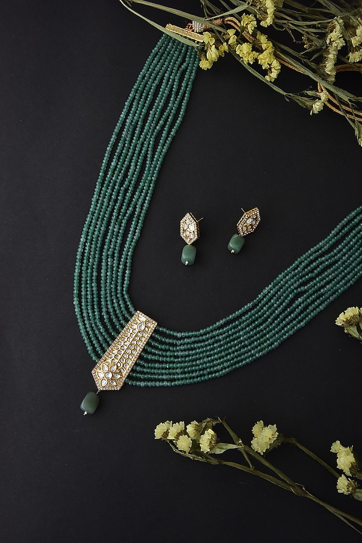 Gold Finish Green Kundan Polki Layered Necklace Set In Sterling Silver by Swabhimann Jewellery at Pernia's Pop Up Shop
