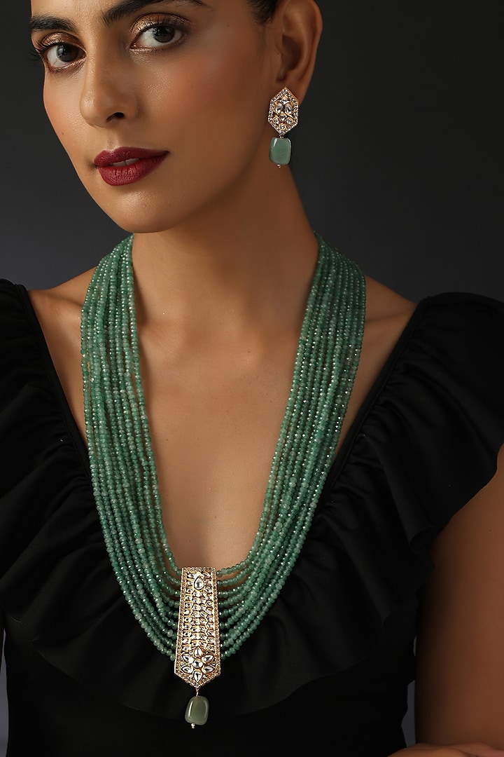 Gold Finish Green Kundan Polki Layered Necklace Set In Sterling Silver by Swabhimann Jewellery at Pernia's Pop Up Shop
