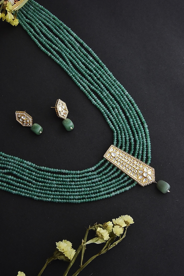 Gold Finish Green Kundan Polki Layered Necklace Set In Sterling Silver by Swabhimann Jewellery at Pernia's Pop Up Shop