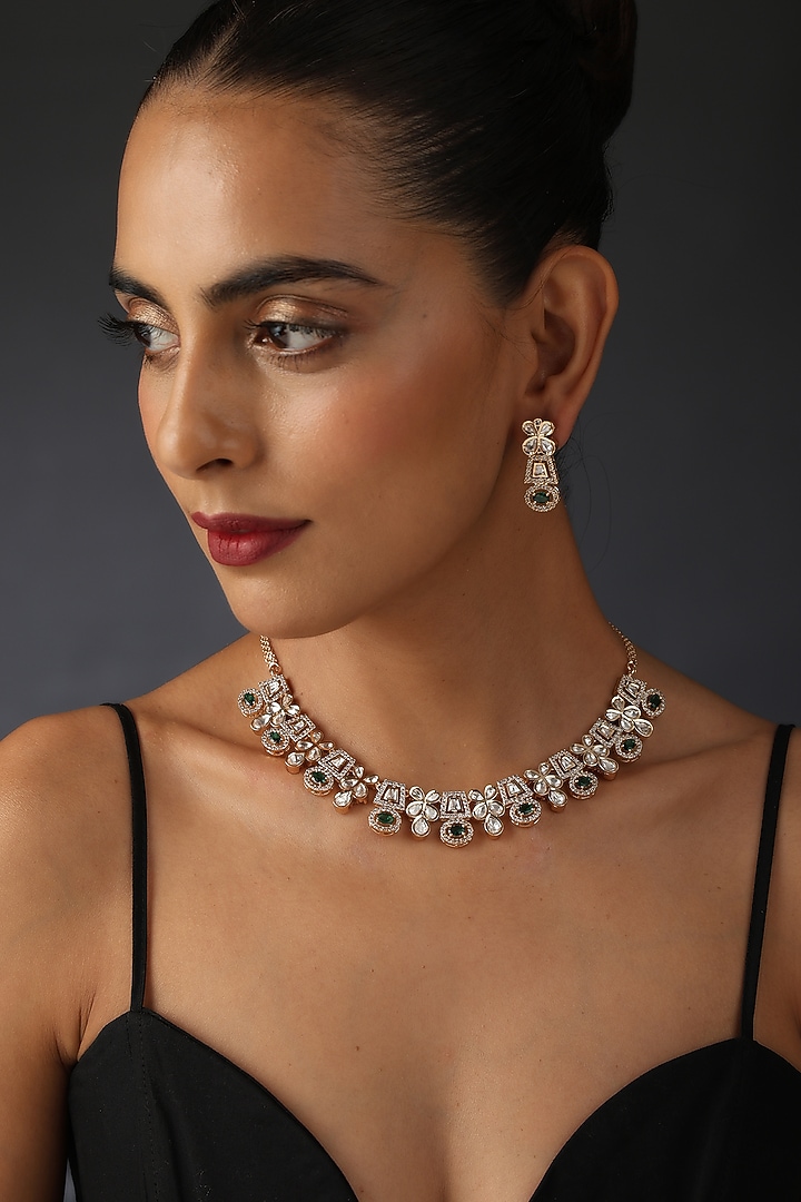 Rose Gold Finish Green Kundan Polki Necklace Set In Sterling Silver by Swabhimann Jewellery at Pernia's Pop Up Shop